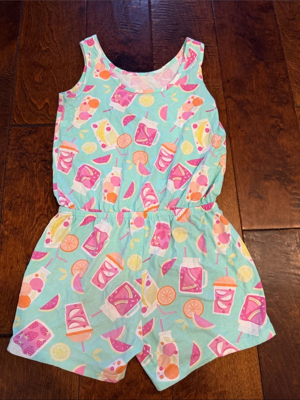 The Children's Place Aqua Romper with Pink Tropical Drink Print
